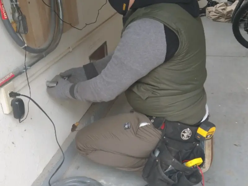 Electrician performing outlet wiring in a Atlanta garage